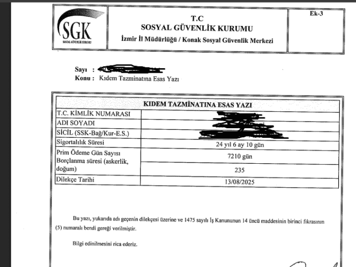 Kıdem Tazminatına Esas Yazı Örneği